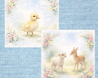 Conjunto de arte mural de animales de primavera: patito, cordero y cervatillo en acuarela suave