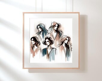 Cinco mujeres: arte mural abstracto femenino de líneas suaves y un toque de acuarela