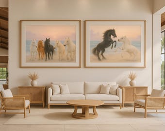 Láminas de caballos salvajes en la playa / Arte mural de fauna costera (descarga digital)