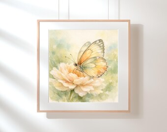 Lámina de mariposa en acuarela, arte mural botánico de primavera, decoración estilo cottagecore (descarga digital)