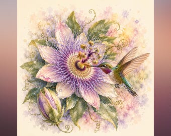Lámina de acuarela de colibrí y flor de la pasión