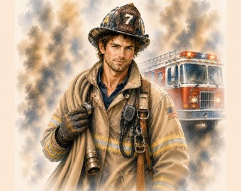 Guapo bombero - Acuarela de bombero de Kansas City