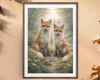 Lámina artística de zorros gemelos en un paisaje boscoso – Decoración rústica estilo cottagecore (Descarga digital)