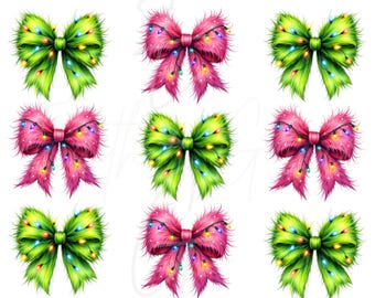 Grinch Coquette Bow PNG: Green and Pink Christmas Lights (Digital Download)