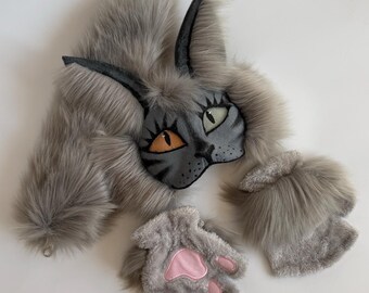 Masker grijze Therian-kat | Goedkoop quadrobicsmasker | Handgemaakte harige cosplayuitrusting | Kattenkostuum met maskerade | Masker springende katten