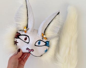Handmade White Therian Cat Mask With Fluffy Tail | Universal Size | Quad Runner Mask | Therian Gear | Animal Cosplay Gift