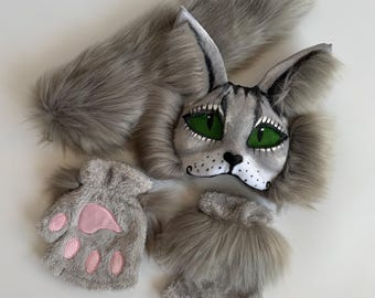 Therian Cat Mask | Handmade Furry Cosplay | Universal Size | White Gray Fur Mask | Perfect for Fursuit & Masquerade | Gift for Therian Fans