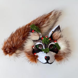 Rare Therian Raccoon Mask | Handmade | Universal Size | Cosplay  | White Brown Color | Mushroom & Moss Accessories | High Quality Masks