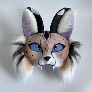 Gray Beige Cat Mask with Blue Eyes | Fluffy Therian Cosplay with Sharp Teeth | Quadrobics Fursuit Gear | High Quality Mask | FursuitFrenzyUA