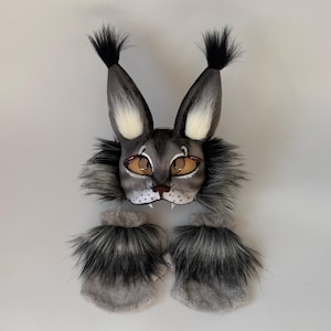 Maschera da lince teriana con coda soffice / Maschera da gatto grigio di alta qualità con denti / Set cosplay Quadrobics / Maschera per video TikTok / Regalo per figlio e figlia