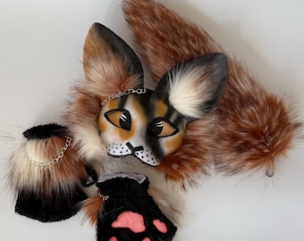 Rockstar Soft Fluffy Mask | Therian Gear | Cosplay Mask | Cat Theriotype Mask | Teen Birthday Gifts | Handmade Brown White Gray Cat Mask