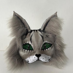 Therian Cat Mask | Handmade Furry Cosplay | Universal Size | White Gray Fur Mask | Perfect for Fursuit & Masquerade | Gift for Therian Fans