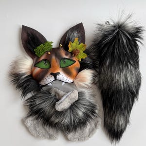 Premium Forest Cat Mask | Unique Brown White Gray Therian Set | Fluffy Tail | Pinecone and Leaf Accessories | Teen or Daughter Birthday Gift