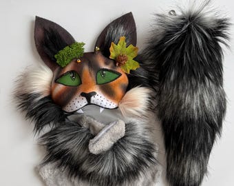 Premium Forest Cat Mask | Unique Brown White Gray Therian Set | Fluffy Tail | Pinecone and Leaf Accessories | Teen or Daughter Birthday Gift