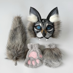 Handgemaakt Therian Wolf-maskerset met tanden | Grijs-wit Quadrobics-masker Maan Sterren Ontwerp | Dierencosplay Halloweenkostuum tienercadeau