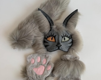 Grijs kattenmasker voor Therian-fursuit | Goedkoop quadrobicsmasker | Kant-en-klare Therian-uitrusting | Universele maat | Grijs handgemaakt Alterhuman-kostuum