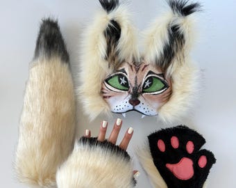 Therian Kitty Mask | Fluffy Cat Mask | Therian Gear | Teen Quadrobics | Animal Cosplay | Beige Lynx Mask | Cheap | Therian Daughter Gifts