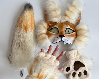 Bright Fluffy Cat Mask for Girls | Half Face Jumping Cat Mask | Therian Cosplay Gift | Halloween Mask | Yellow Orange Therian Cat Mask