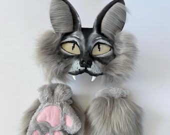 手作りの狼マスクとフェイクファーの尻尾：獣人、コスプレ、ファーリー