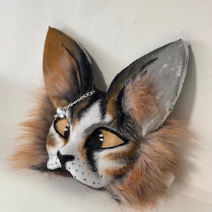 Máscara Therian Kitty Rockstar | Máscara realista | Máscara marrom e branca | Cosplay de animal | Acessórios Therian | Presentes para o Dia da Mulher | Presentes para filha Therian