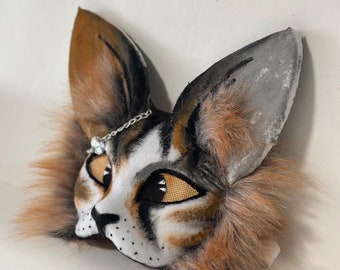 Therian Kitty Mask Rockstar | Realistisch masker | Bruin-wit masker | Dierencosplay | Therian-uitrusting | Cadeaus voor vrouwendag | Therian-dochtercadeaus