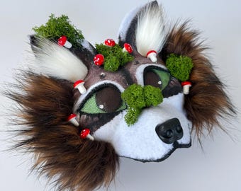 Forest Raccoon Mask | High Quality Masks for Therian | Forest Style | White and Brown | Mushroom Moss Accessories | Gift for Fans | Cosplay