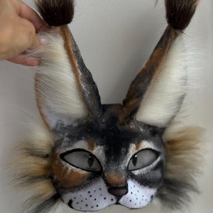 Therian Cat Mask | Gray, Brown & White Full Head Design | Handmade Faux Fur Cosplay | Perfect for Masquerades - Quad Running