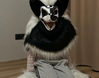 Black White Raptor Mask | Fursuit Head for Adults Teens | Partial Fursona Set | Dino Furry Art | Animal Cosplay | High Quality Fursuit