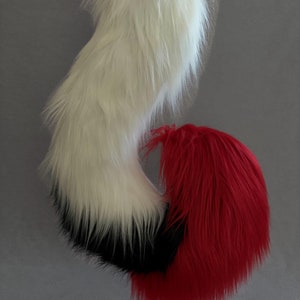 Fluffy Fursuit Tail | Large Cat Tail | Black White Red | Soft Faux Fur | Belt Attachment | Fursuit Add-On | Cosplay Accessory
