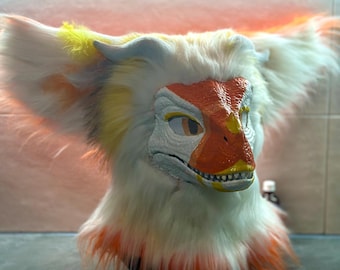 Custom White Orange Raptor Mask | Fursuit Accessories | Made of Fur | Cosplay Dino Costume |Jaw Opens | Raptor Dino Mask | Fursuit Head