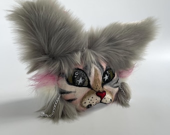 Handmade Fluffy Cat Mask | Therian Full Head Cosplay Mask | Realistic Gray Brown Design | Perfect for Furry Fans, Jumping Cats & Masquerades