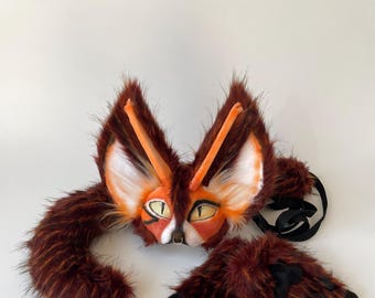 Premium Therian Cat Set | Soft Fluffy Mask | Rare Therian Gear | Animal Cosplay | Handmade Mask | Brown Orange Black Paws Tail | Premium Set