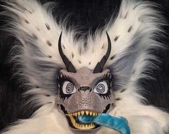 Handmade White Gray Raptor Fursuit Head | Dino Furry Art Mask | Cosplay Dragon Mask | Halloween Costume Accessory | Fursuit Premade Head