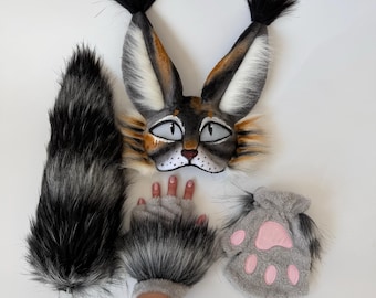 Realistic Therian Cat Mask with Long Ears | Handmade Therian Gear | Furry Animal Cosplay | Teen Christmas Gift | Gray Brown White Cat Mask