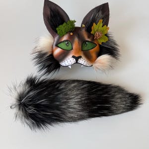 Forest Therian Cat Mask With Leaf And Pinecone | Handmade Woodland Animal Cosplay Mask And Fluffy Tail | TikTok Halloween Christmas Gift Mask + Tail