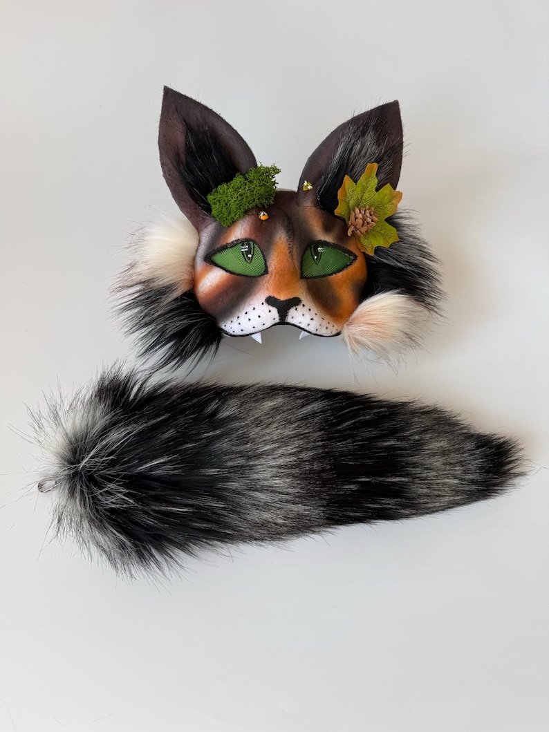 Forest Therian Cat Mask With Leaf And Pinecone | Handmade Woodland Animal Cosplay Mask And Fluffy Tail | TikTok Halloween Christmas Gift Mask + Tail
