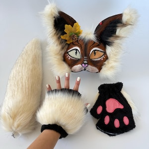 Therian kattenmasker | Nepbont dieren | Handgemaakt masker voor Therian Cat-kostuum | Bruin-wit kattenmasker | Realistische kattencosplay | Kattenmasker