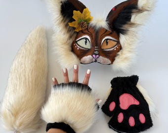 Therian Cat Mask | Animal Faux Fur | Handmade Mask for Therian Cat Costume | Brown White Cat Mask | Realistic Cat Cosplay | Feline Mask