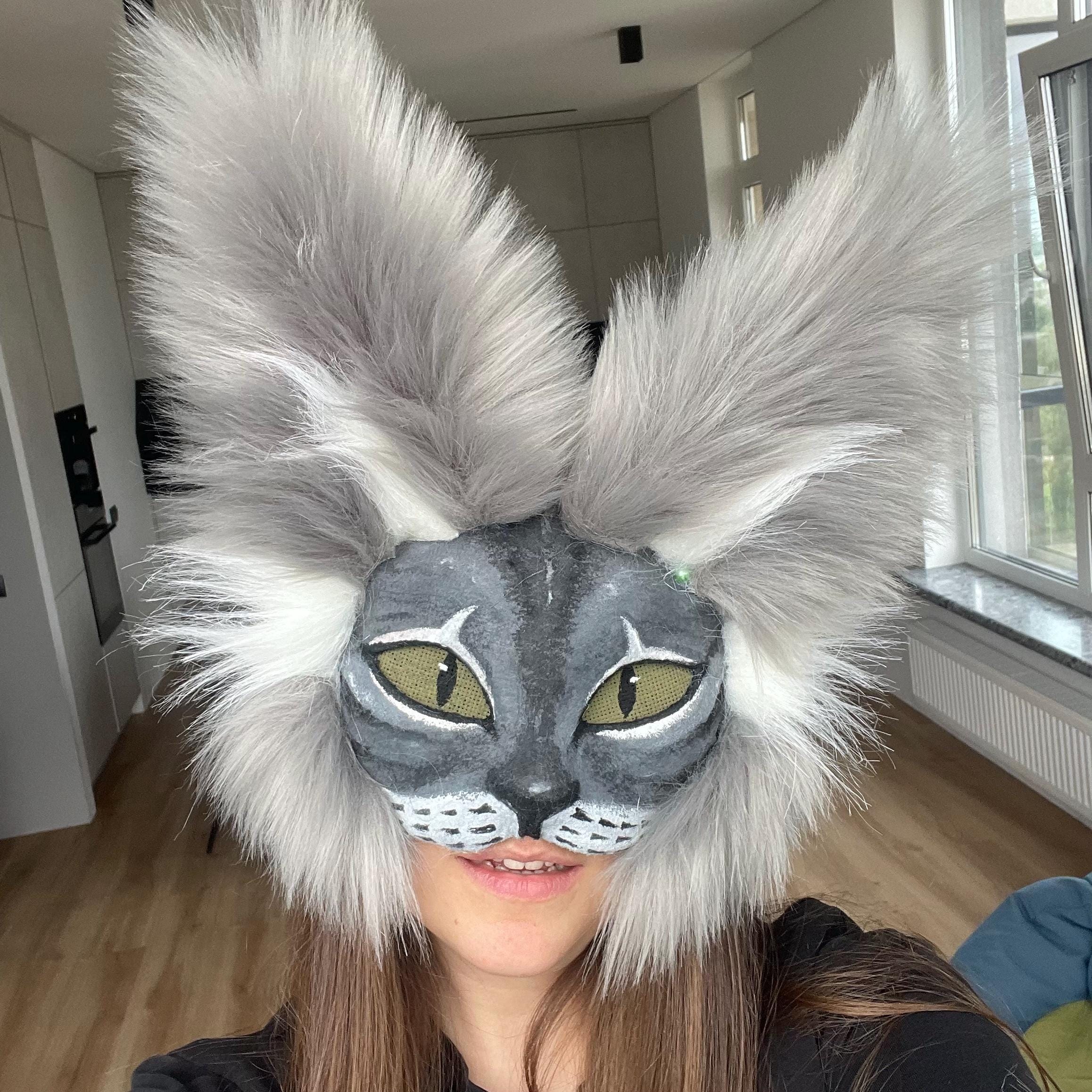 白とグレーの猫のコスプレマスク｜フェイクファーの動物マスク