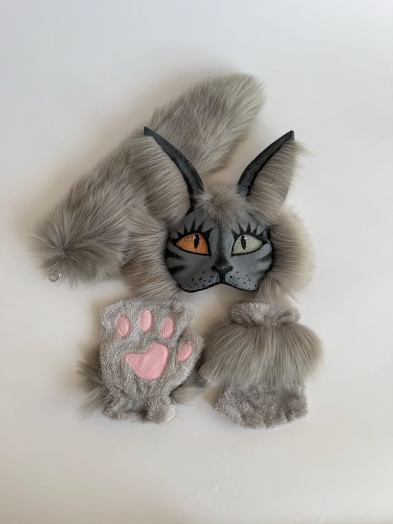 Gray Cat Mask for Therian Fursuit | Cheap Quadrobics Mask | Premade Therian Gear | Universal Size | Gray Handmade Alterhuman Costume