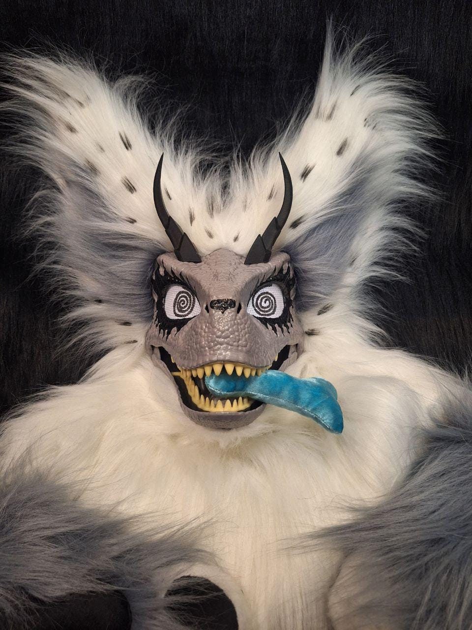 Handmade White Gray Raptor Fursuit Head | Dino Furry Art Mask