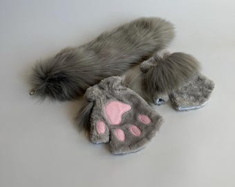 緑色の目を持つ白灰色の猫マスク | 娘への手作り獣人コスプレギフト