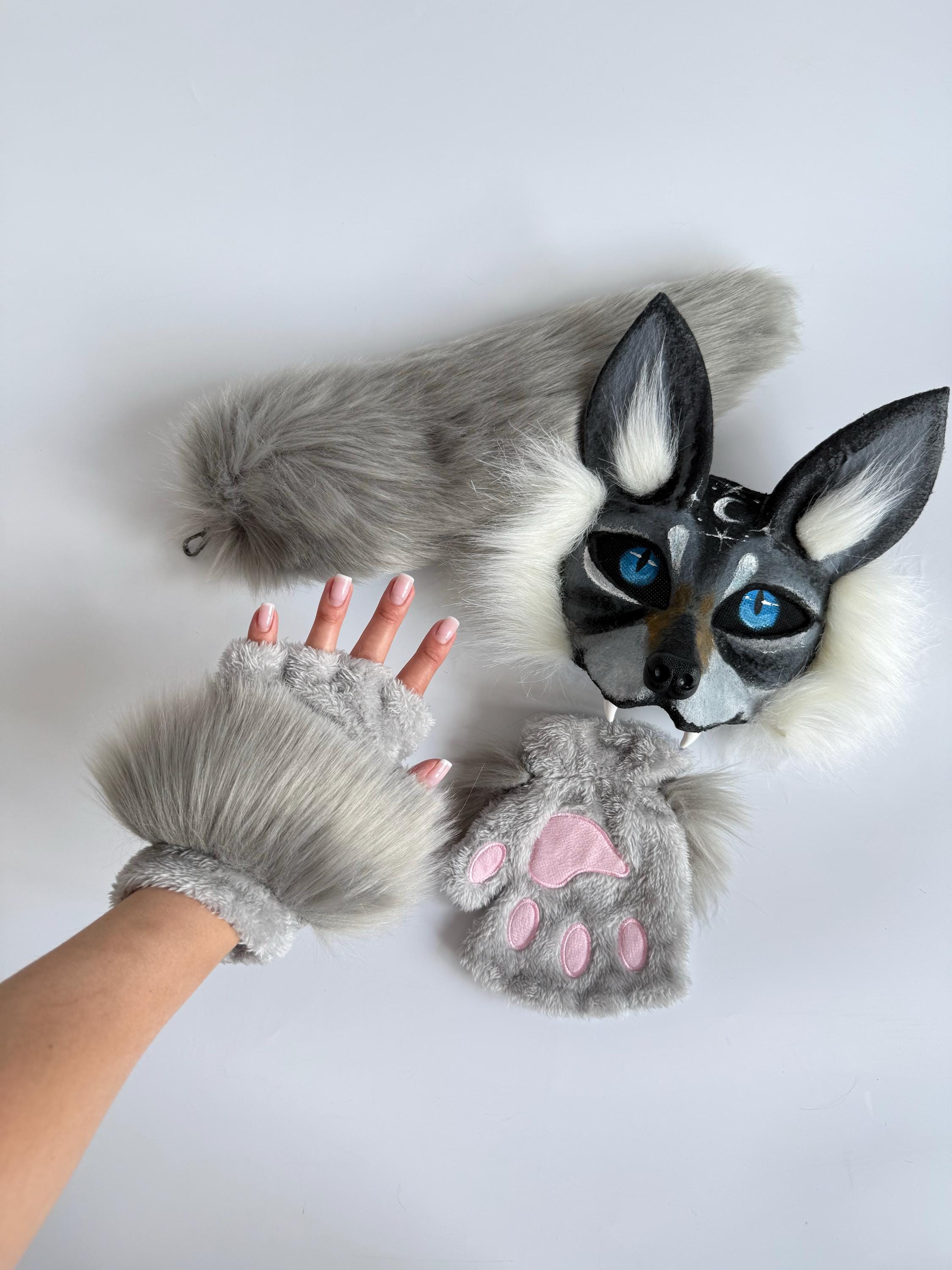 moonin 夜の帳が下りるシリーズ 白化蝙蝠 雪狐 2点セット ③ Lunar Wolf Mask and Fluffy Tail Set | Handmade Gray Wolf Cosplay