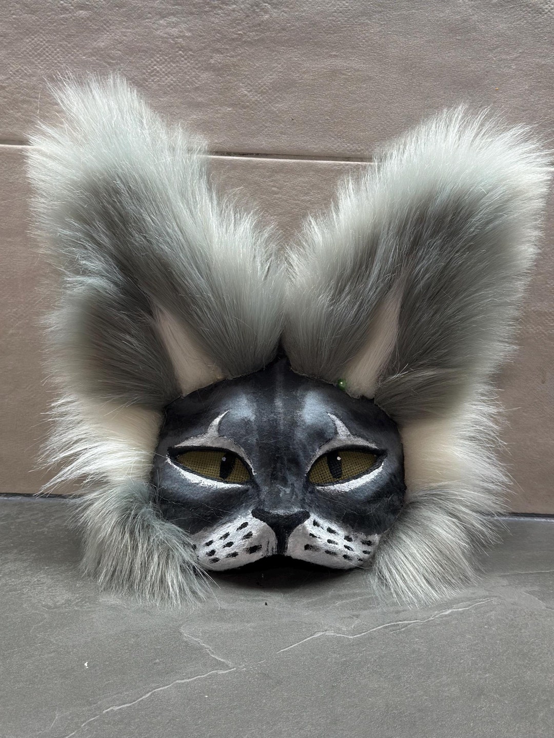 White Gray Cat Cosplay Mask Faux Fur Animal Mask Universal