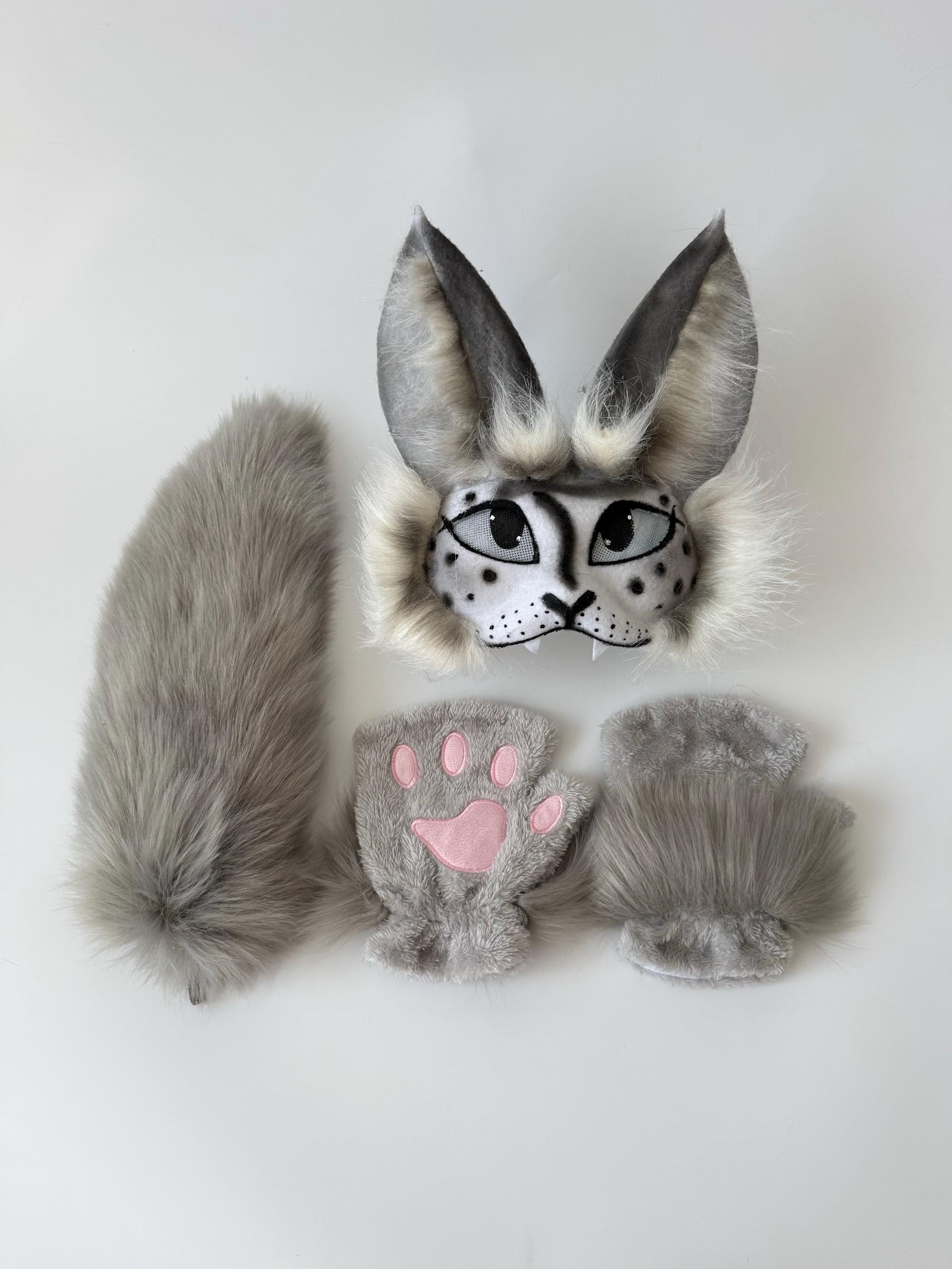 Snow Bengal Cat Mask and Fluffy Tail | Handmade White Gray Therian