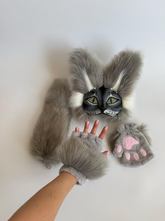 白とグレーの猫のコスプレマスク｜フェイクファーの動物マスク