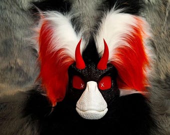 Handmade Raptor Fursuit Head | Red Horns, Opening Jaw