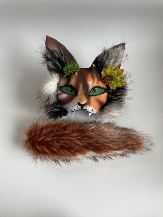 Forest Therian Cat Mask With Leaf And Pinecone | Handmade Woodland Animal Cosplay Mask And Fluffy Tail | TikTok Halloween Christmas Gift