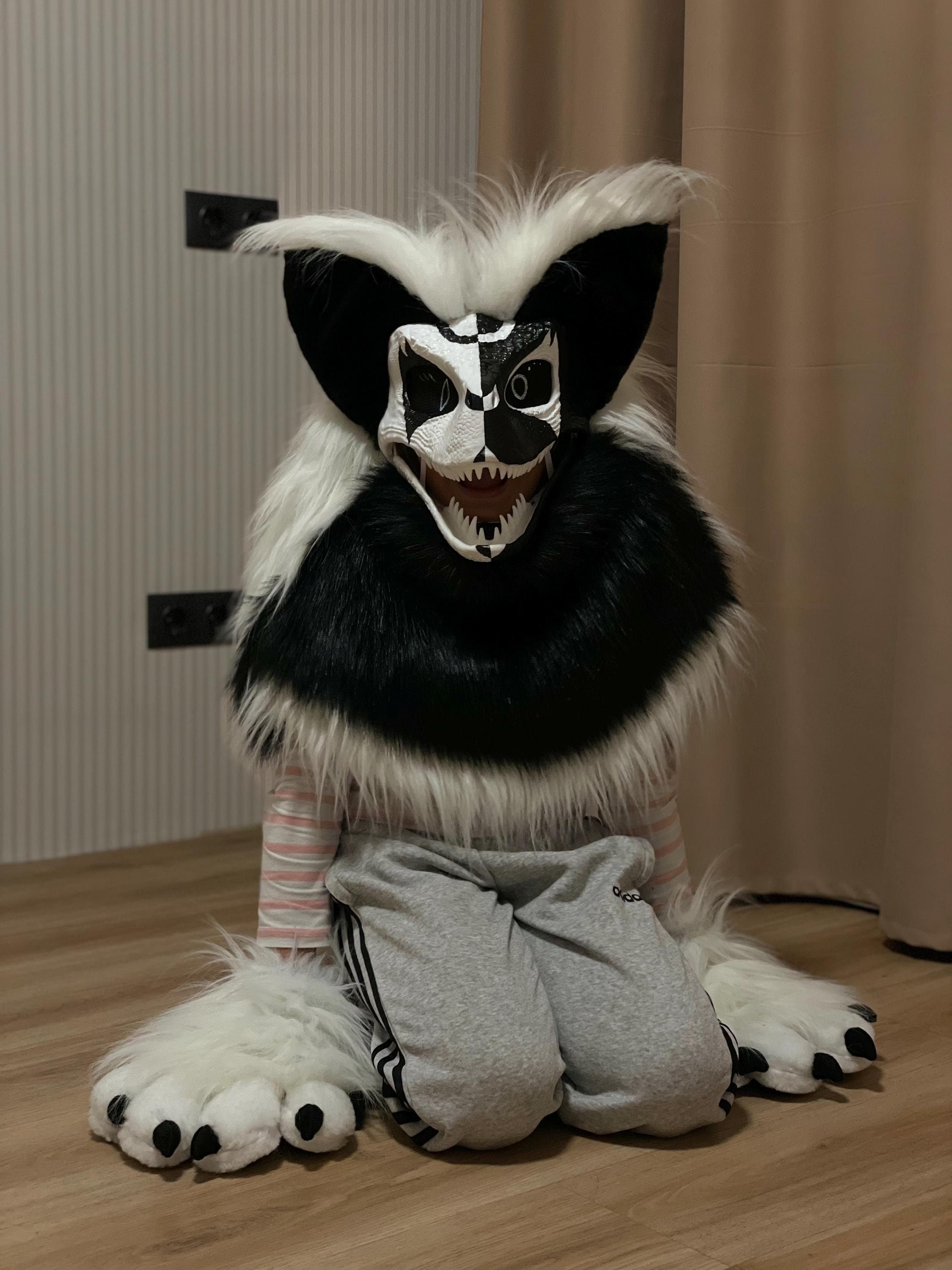 Black White Raptor Mask | Fursuit Head for Adults Teens | Partial