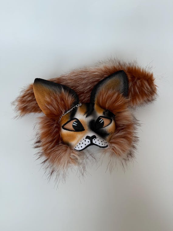 Rockstar Therian Cat Mask And Fluffy Tail | Handmade Brown White Kitty Mask For Girls | Quadrobics Feline Cosplay Gift Set | Christmas Gift